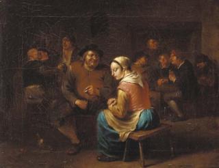 Egbert van Heemskerk - Boors carousing in an inn, with a courting couple