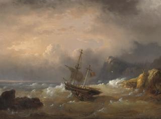 Egidius Linnig - A sailing vessel off a rocky coast