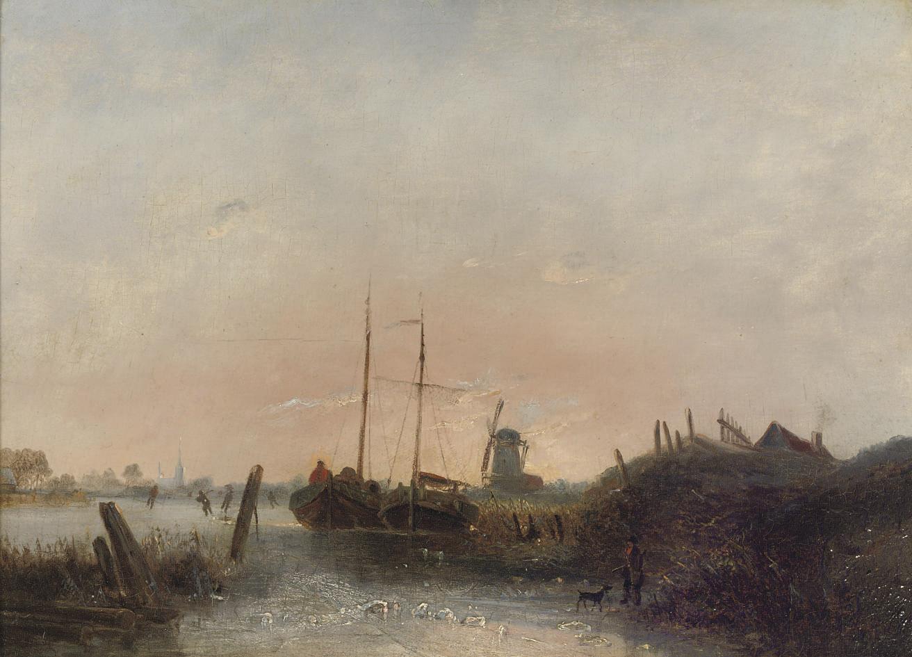 Egidius Linnig - Moored boats on a frozen river