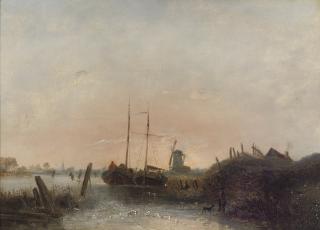 Egidius Linnig - Moored boats on a frozen river