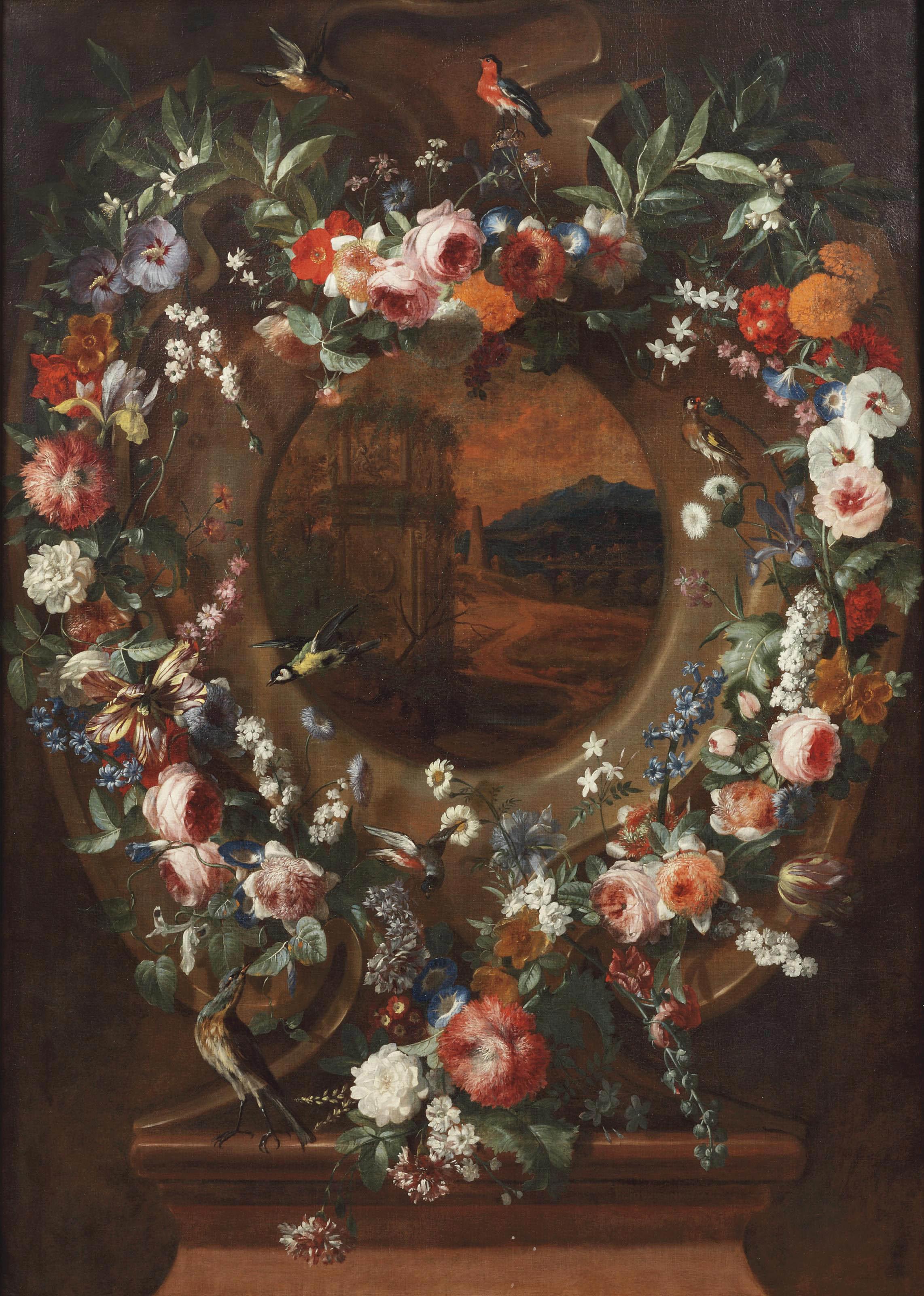 Egidus Nuemans - A stone cartouche surrounded by garlands of pink roses, tulips, poppies and other flowers and birds with an Italianate landscape in the centre