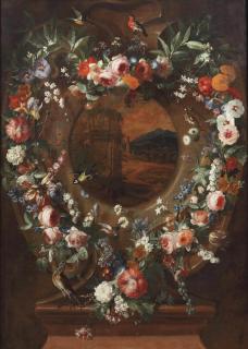 Egidus Nuemans - A stone cartouche surrounded by garlands of pink roses, tulips, poppies and other flowers and birds with an Italianate landscape in the centre