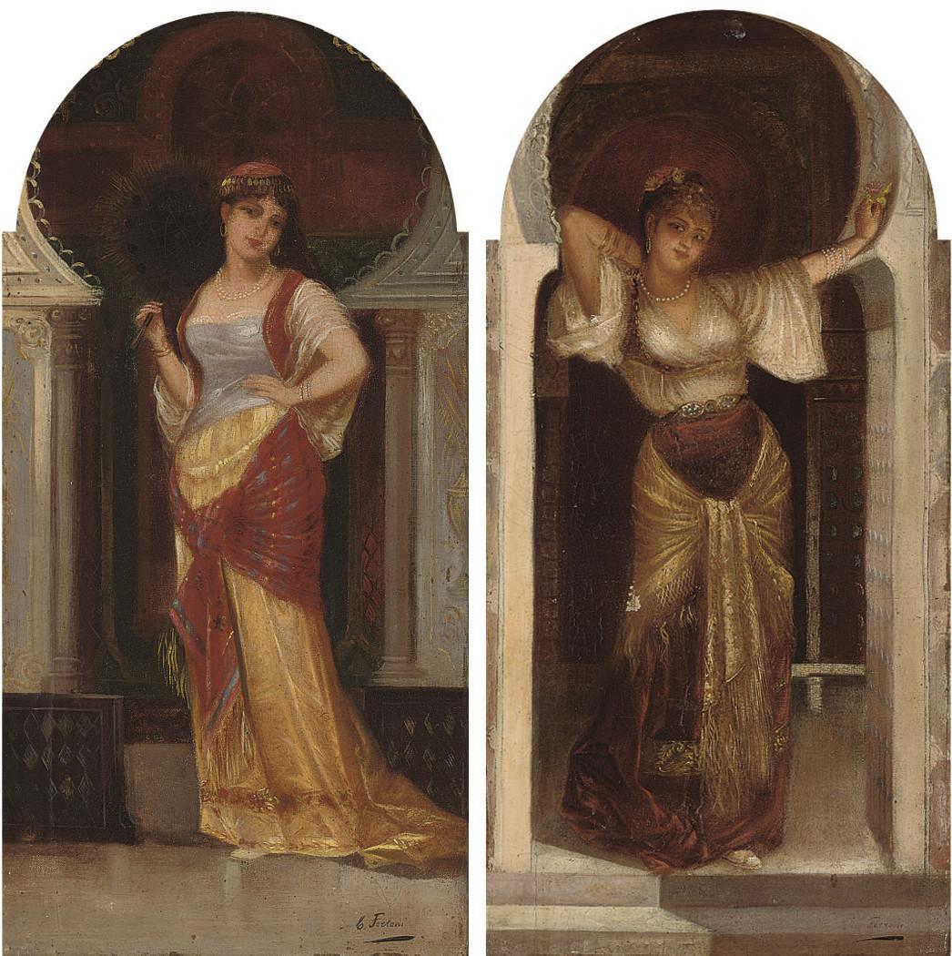 Egisto Ferroni - Oriental beauty with fan; and A token of love