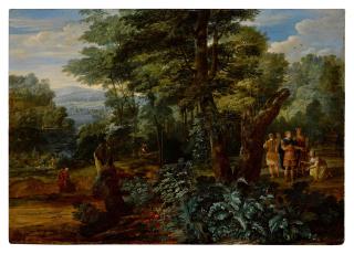 Eglon Hendrick van der Neer - A wooded river landscape with Semiramis receiving the crown from Ninus, the King of Assyria