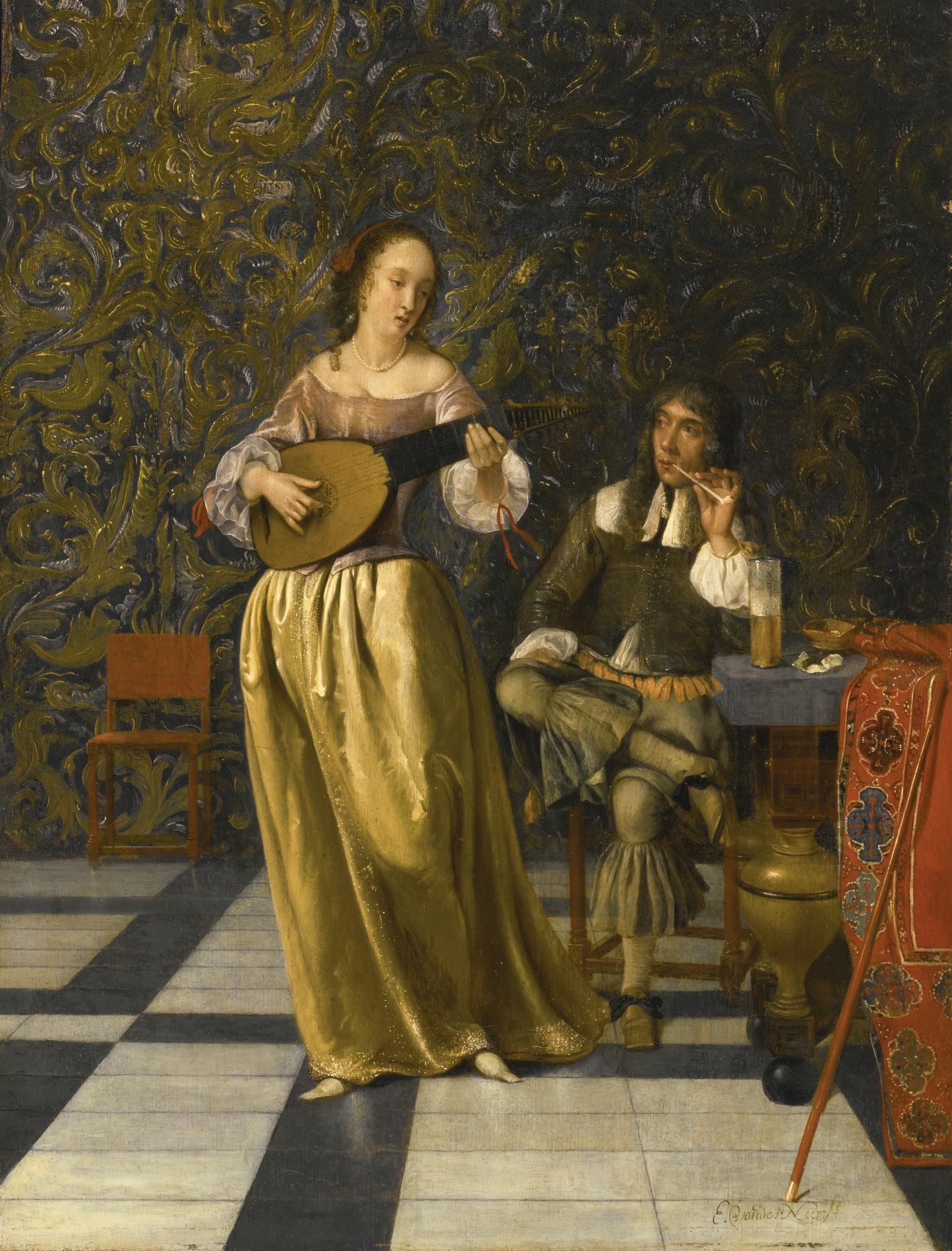 Eglon Hendrik Van Der Neer - A Lady Playing A Lute With A Gentleman Seated At A Table In An Interior