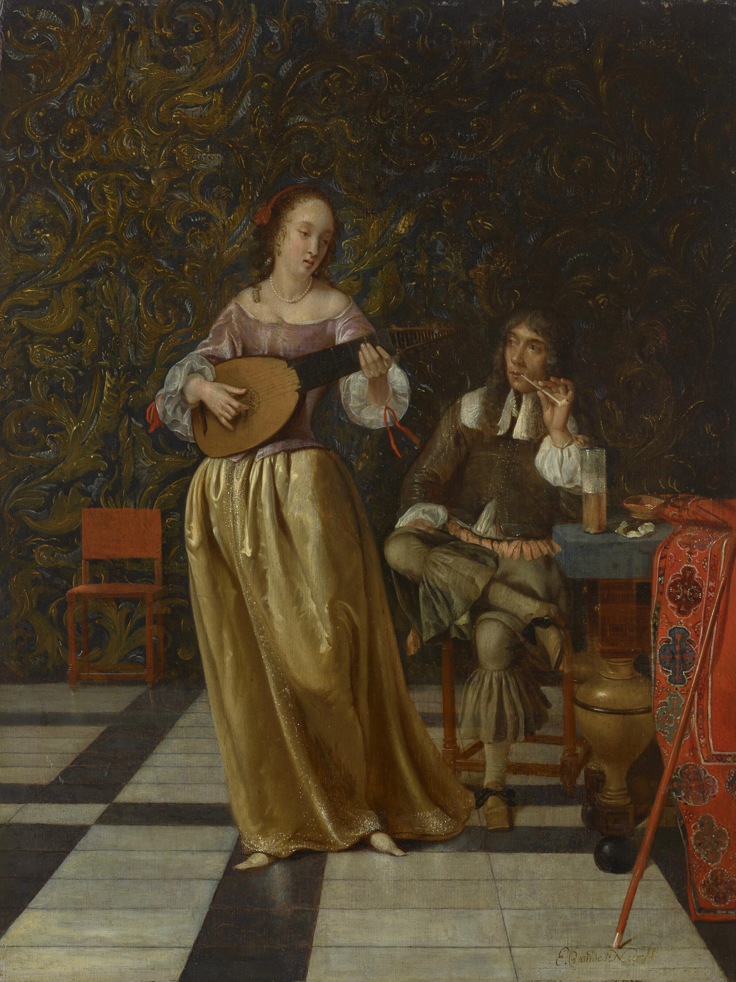 Eglon Hendrik van der Neer - A woman playing the lute and a man listening