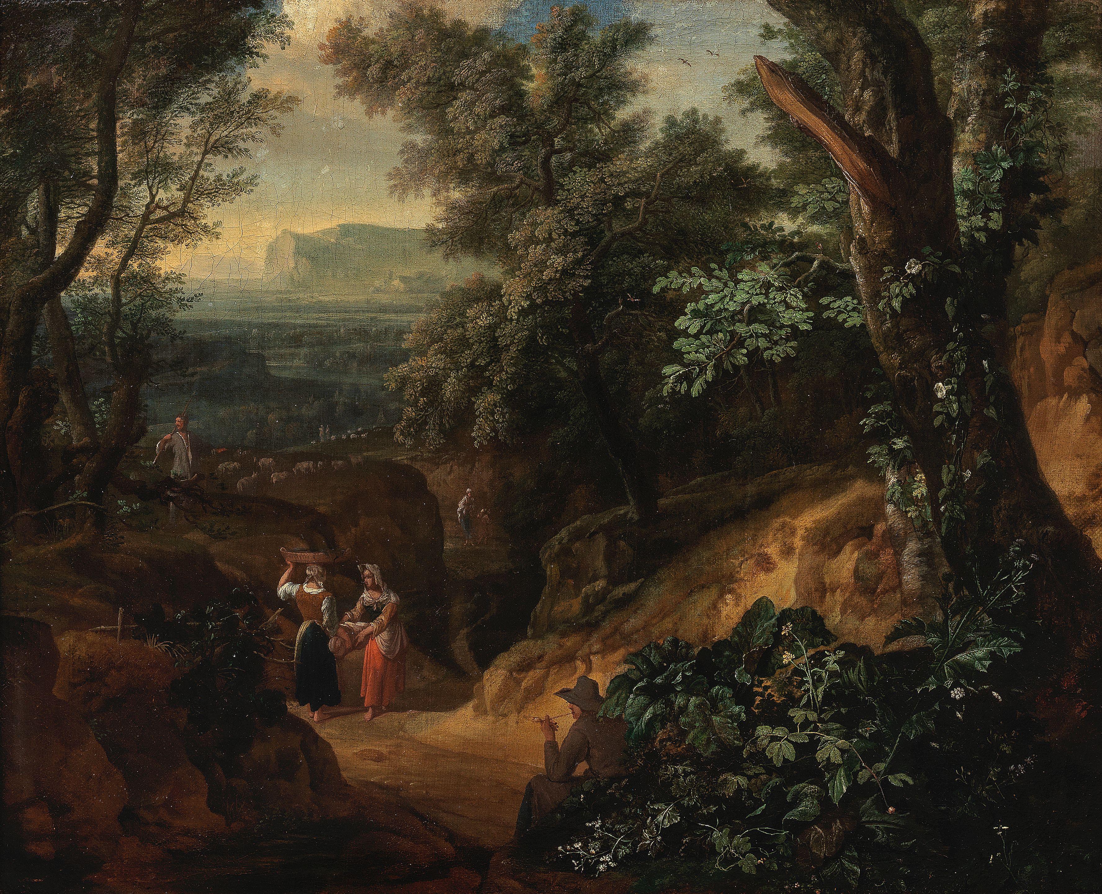 Eglon Hendrik van der Neer - An extensive wooded landscape with figures on a path