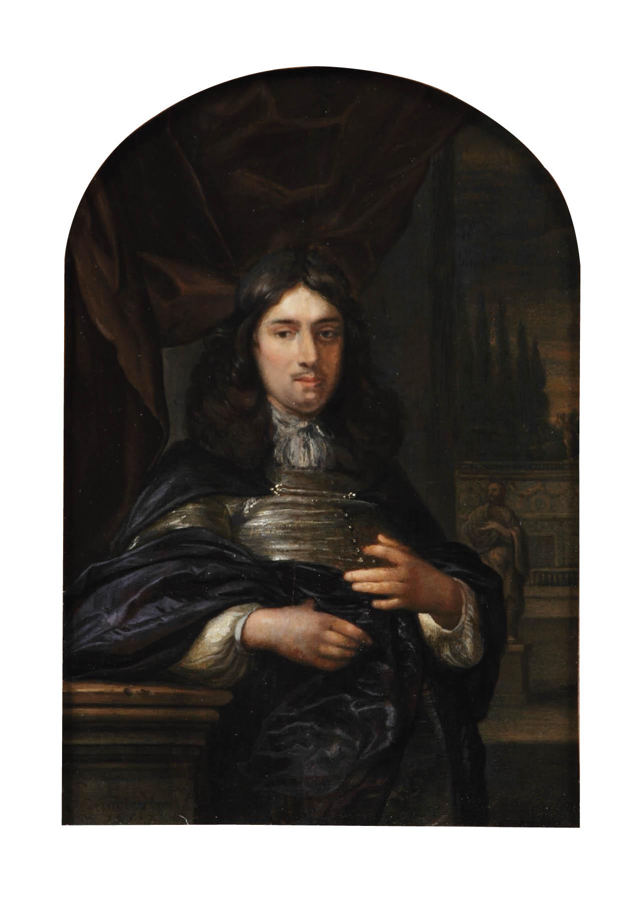 Eglon Hendrik van Der Neer - Portrait of a gentleman leaning on a ballustrade, three-quarter-length, in a dark blue coat, before a red curtain, a garden with statues beyond