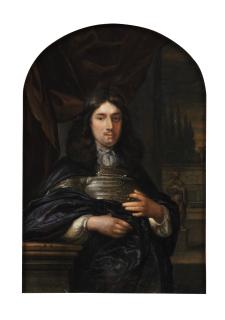 Eglon Hendrik van Der Neer - Portrait of a gentleman leaning on a ballustrade, three-quarter-length, in a dark blue coat, before a red curtain, a garden with statues beyond