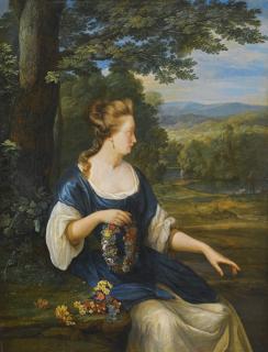 Eglon Hendrik Van Der Neer - Portrait Of A Young Woman, Three-Quarter Length, Seated In A Landscape Holding A Floral Wreath