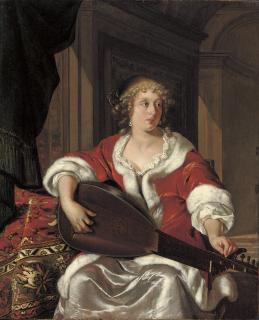 Eglon van der Neer - A lady tuning a \'Luth Theorbé\'