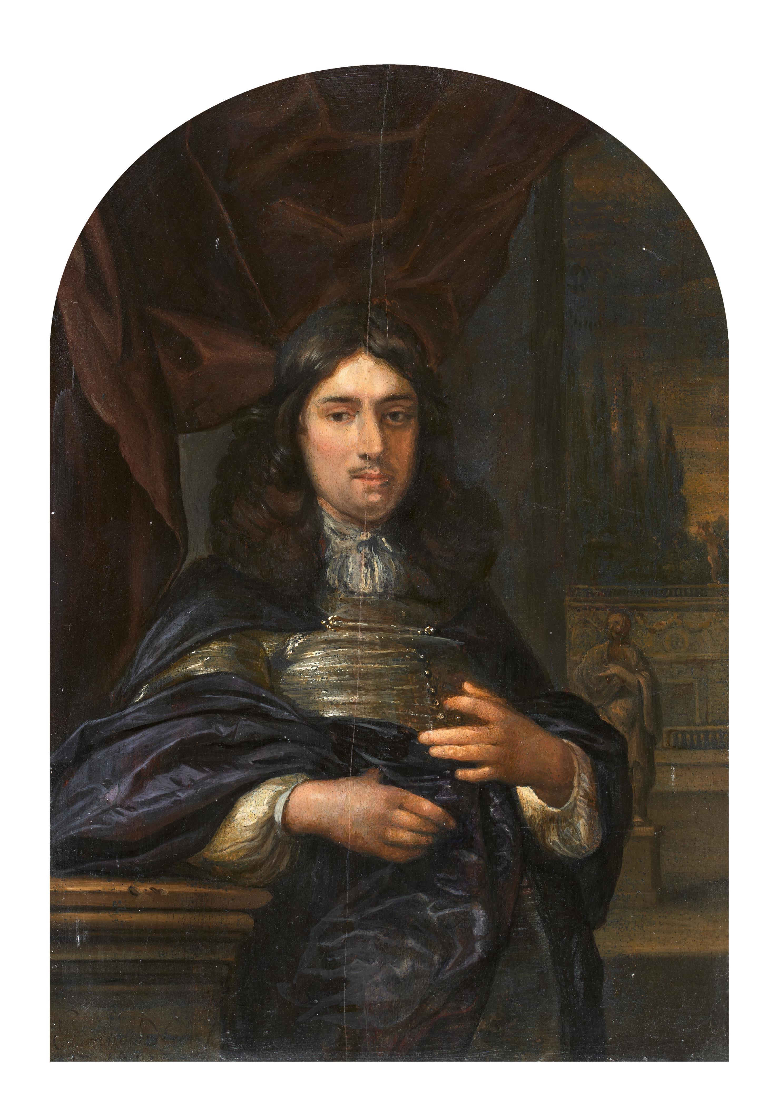 Eglon van der Neer - Portrait eines Mannes, der an einer Balustrade lehnt, in einem dunkelblauen Mantel, vor einem roten Vorhang, im Hintergrund ein Garten mit Statuen