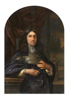 Eglon van der Neer - Portrait eines Mannes, der an einer Balustrade lehnt, in einem dunkelblauen Mantel, vor einem roten Vorhang, im Hintergrund ein Garten mit Statuen