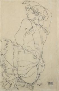 Egon Schiele - Frau In Unterwäsche Mit Erhobenem Rechten Arm (Woman In Underclothes With Raised Right Arm) - Recto Kauernde Nackte Frau (Crouching Nude) - Verso