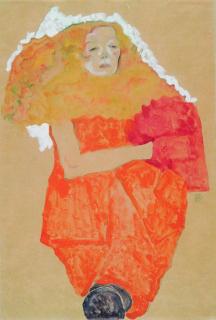 Egon Schiele - Frau mit rotem Muff, in einem orangefarbenen Kleid