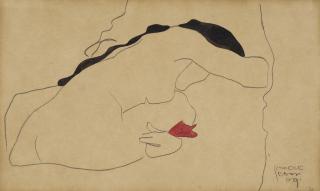 Egon Schiele - Gebeugt sitzender weiblicher Rückenakt mit schwarzem Haar