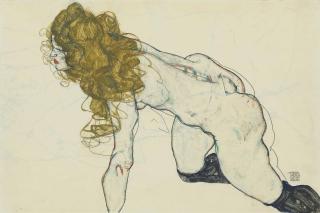 Egon Schiele - Kauernder weiblicher Akt mit blonden Haaren und aufgestütztem linken Arm (recto); Liebespaar (verso)
