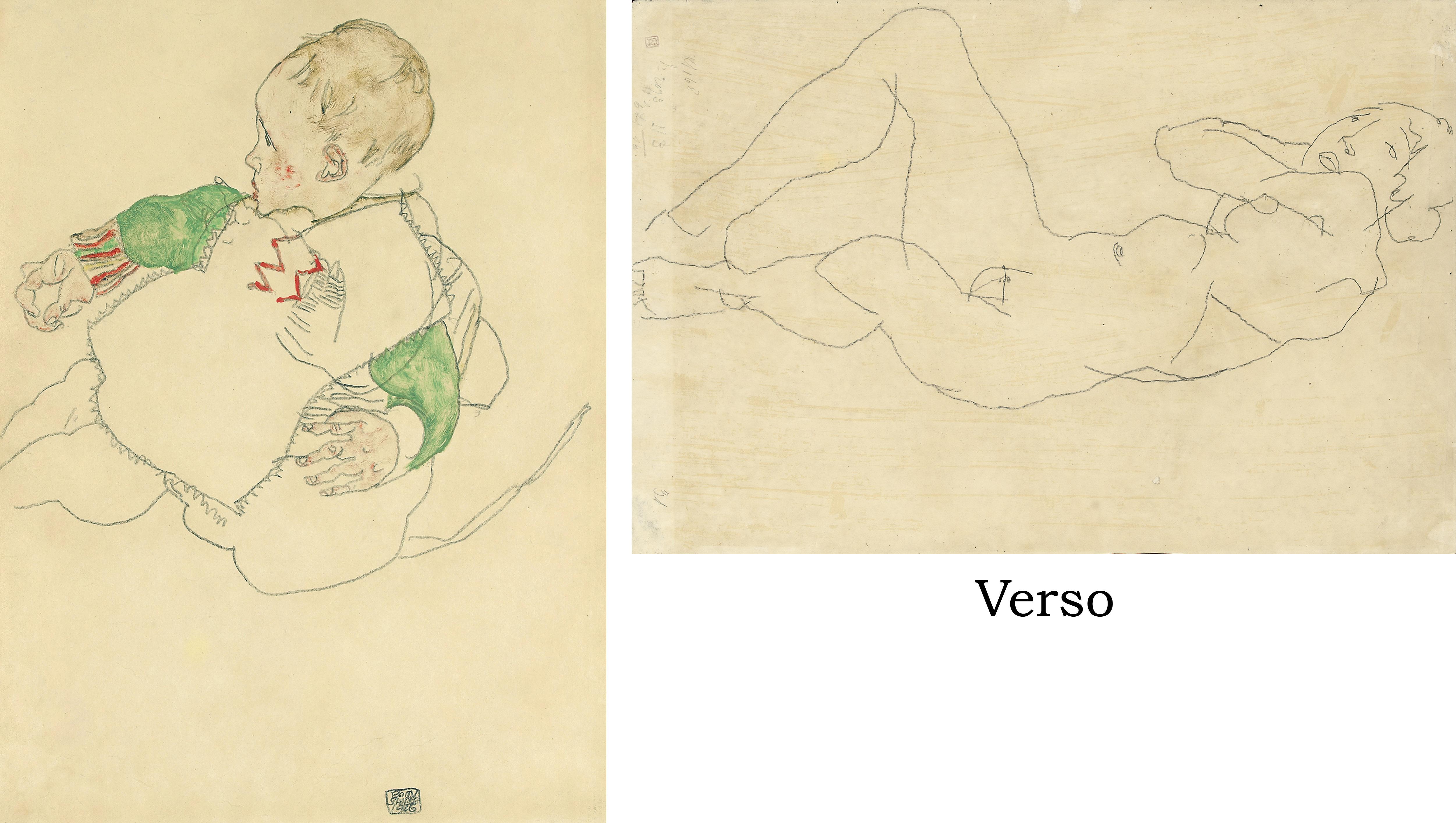 Egon Schiele - Kind mit grünen Ärmel (Anton Peschka, Jr.) (recto); Frauenakt mit Händen hinter Kopf (verso)