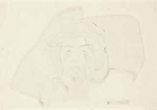 Egon Schiele - Kopf Einer Rufenden Jungen Frau Mit Grossem Hut, Gesicht Auf Die Hände Gestützt