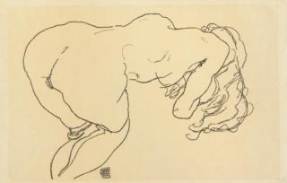 Egon Schiele - Langhaariger Akt, vornübergebeugt, Rückenansicht