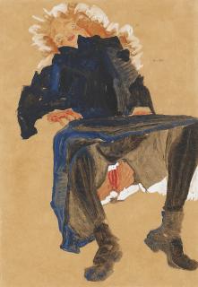 Egon Schiele - Liegendes Mädchen in dunkelblauem Kleid