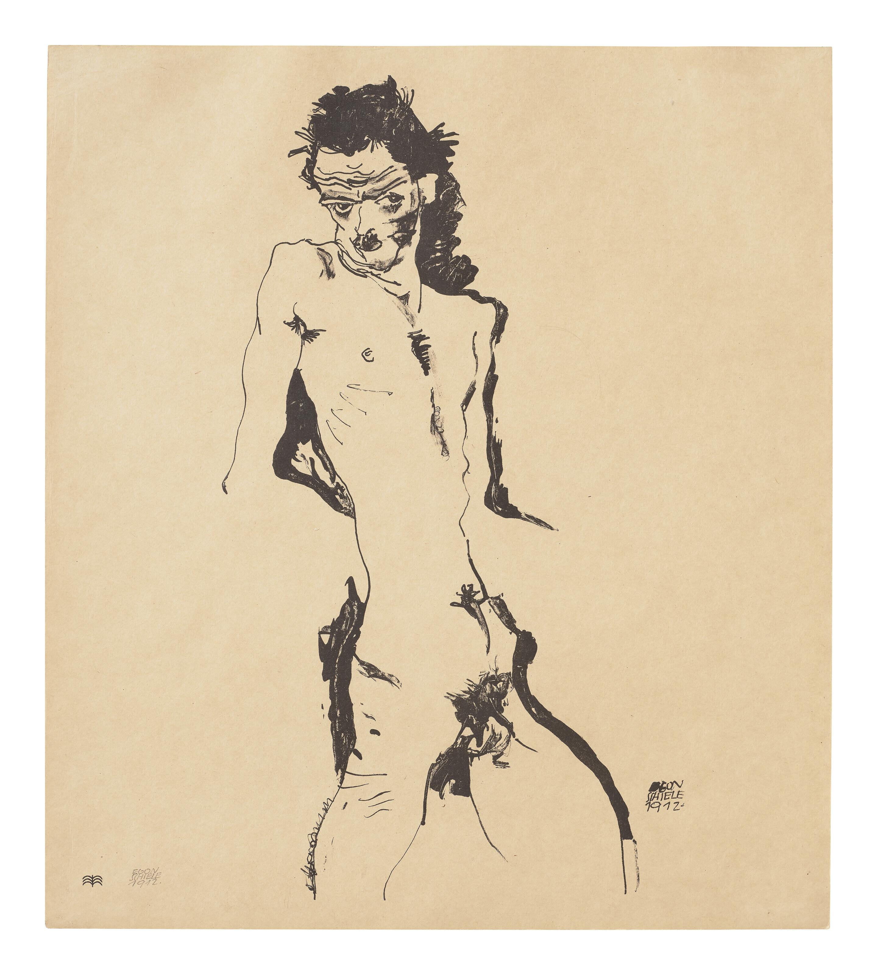 Egon Schiele - Männlicher Akt (Selbstbildnis) I, From Sema 15 Originalsteinzeichnungen