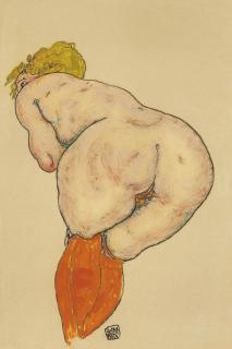 Egon Schiele - Rückenakt mit orangefarbenen Strümpfen