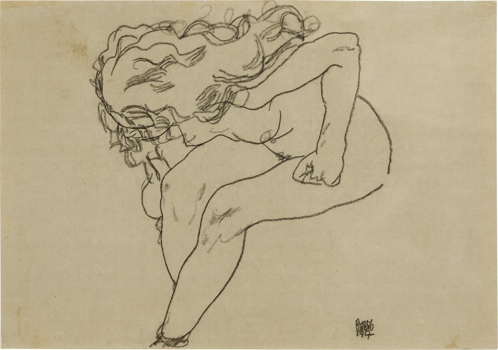 Egon Schiele - Sich Niederbeugender Mädchenakt Mit Aufgelöstem Haar (Bending Nude Girl With Loosened Hair)