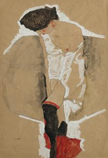 Egon Schiele - Stehendes Mädchen Im Hemd, Mit Schwarzen Strümpfen Und Rotem Tuch (Standing Female In Shirt With Black Stockings And Red Scarf)  