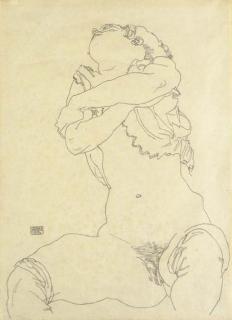 Egon Schiele - Weiblicher Akt von vorn, das Hemd ausziehend