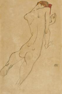 Egon Schiele - Weiblicher Rückenakt (Female Nude, Back View) - Recto Sitzender Weiblicher Akt (Seated Female Nude) - Verso