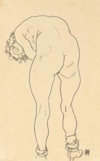 Egon Schiele - Weiblicher Rückenakt, nach vorner gebeugt