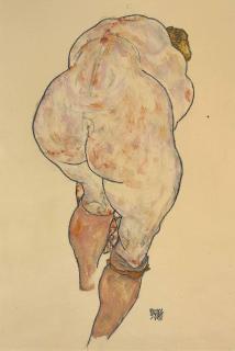 Egon Schiele - Weiblicher Rückenakt, Strümpfe Anziehend (Female Nude Pulling Up Stockings, Back View)