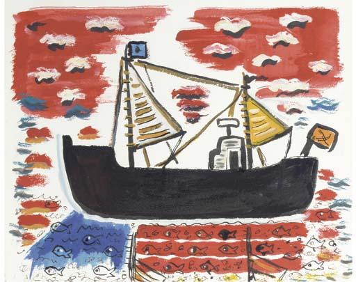 Eileen Bell - Red And Black Boat; Bathers On The Beach; Low Tide, Walberswick; And Salthouse With Cows