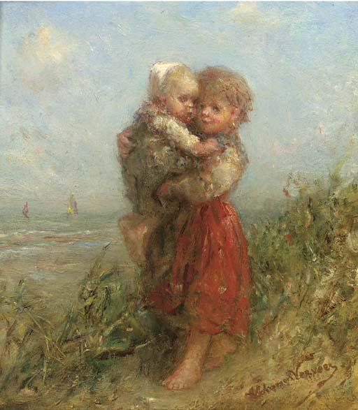 Elchanon Verveer - A girl holding a baby in the dunes