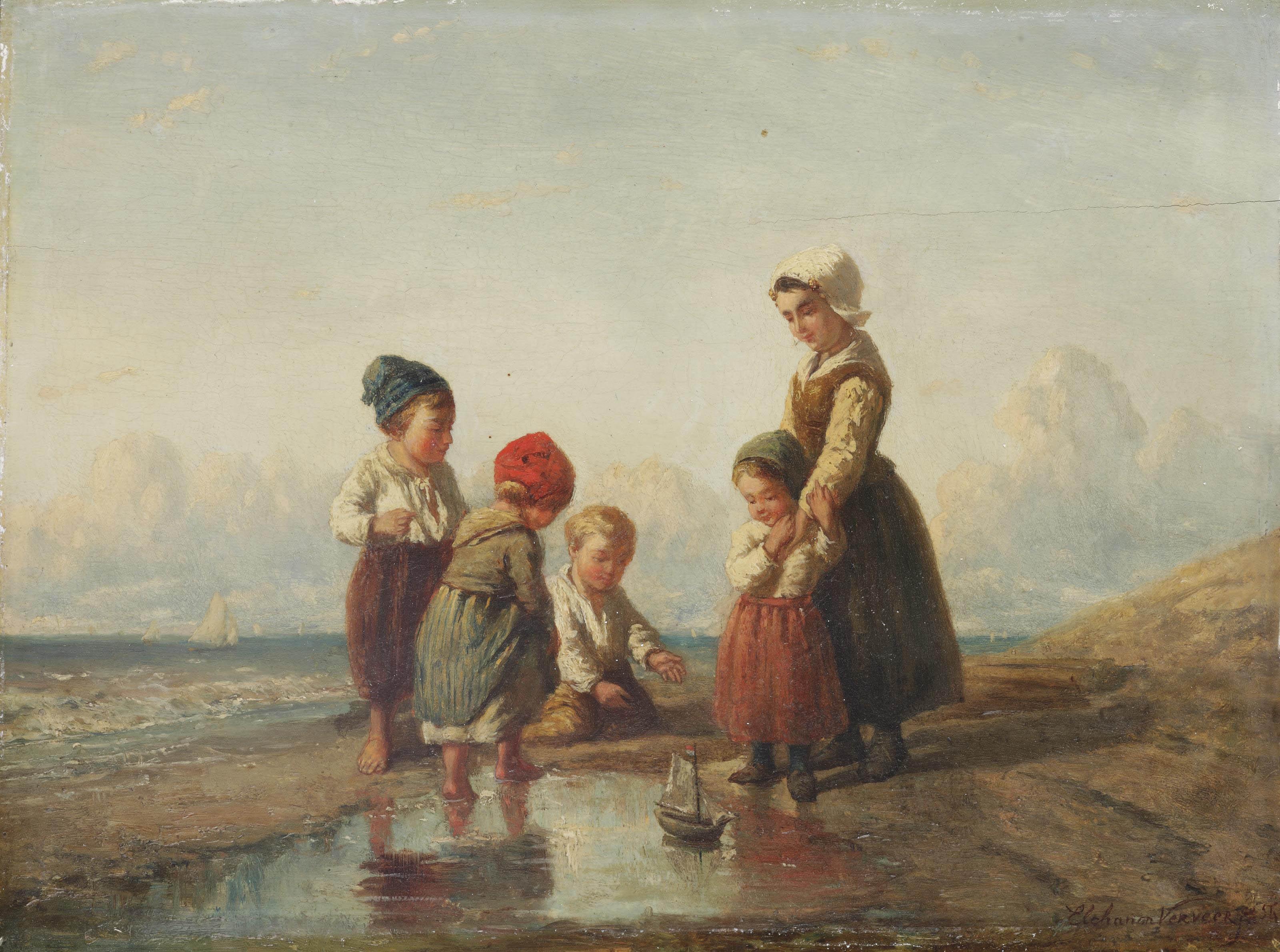 Elchanon Verveer - Children playing with a boat on the beach