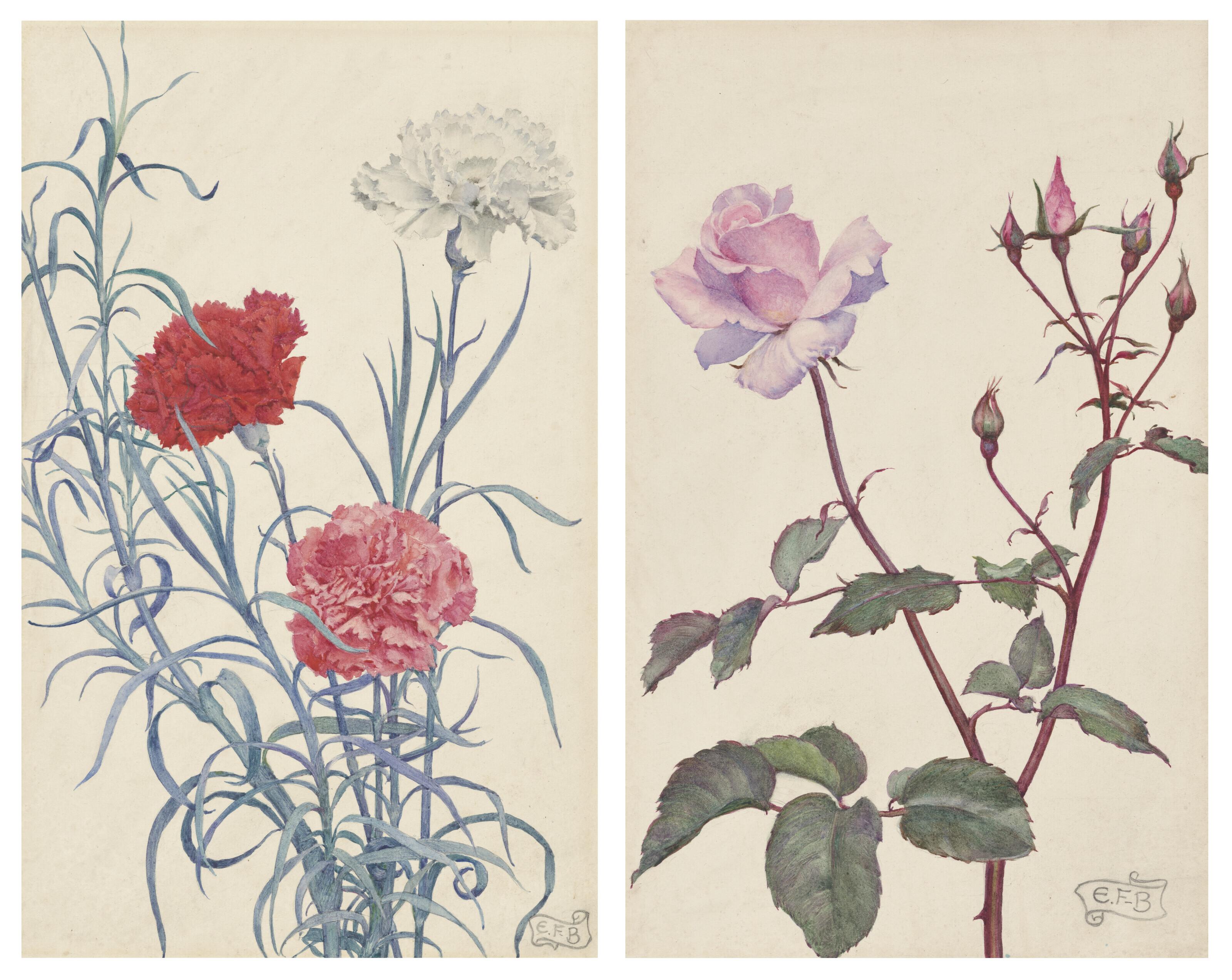 Eleanor Fortescue Brickdale, R.W.S. - Carnations; and Lady Pirrie Rose