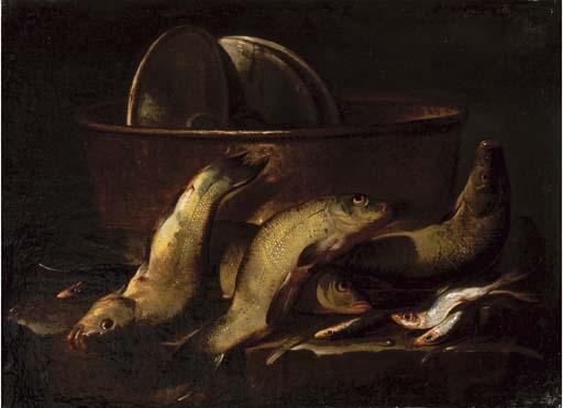 Elena Recco - A catch of fish by a copper cauldron on a stone ledge