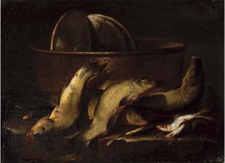 Elena Recco - A catch of fish by a copper cauldron on a stone ledge