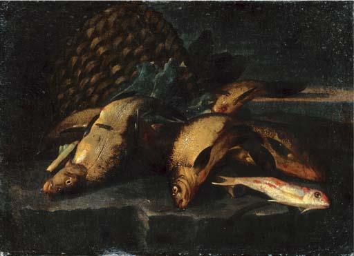 Elena Recco - A catch of fish by a panier on a stone ledge