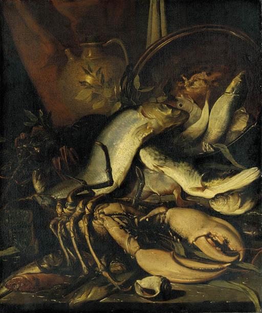 Elena Recco - A lobster, cod and other fish with a copper urn and a jug on a stone ledge with a seashell