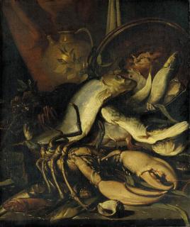 Elena Recco - A lobster, cod and other fish with a copper urn and a jug on a stone ledge with a seashell