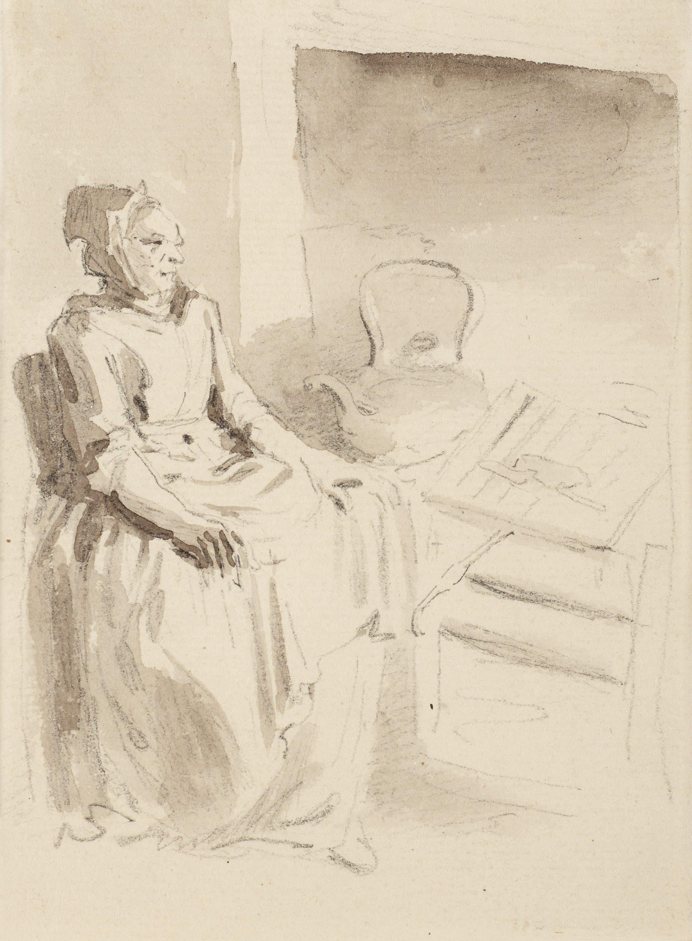 Elias Martin - Interiör med en kvinna framför en eldstad med en kittel, stekandes ett djur