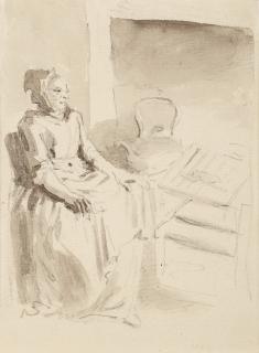 Elias Martin - Interiör med en kvinna framför en eldstad med en kittel, stekandes ett djur