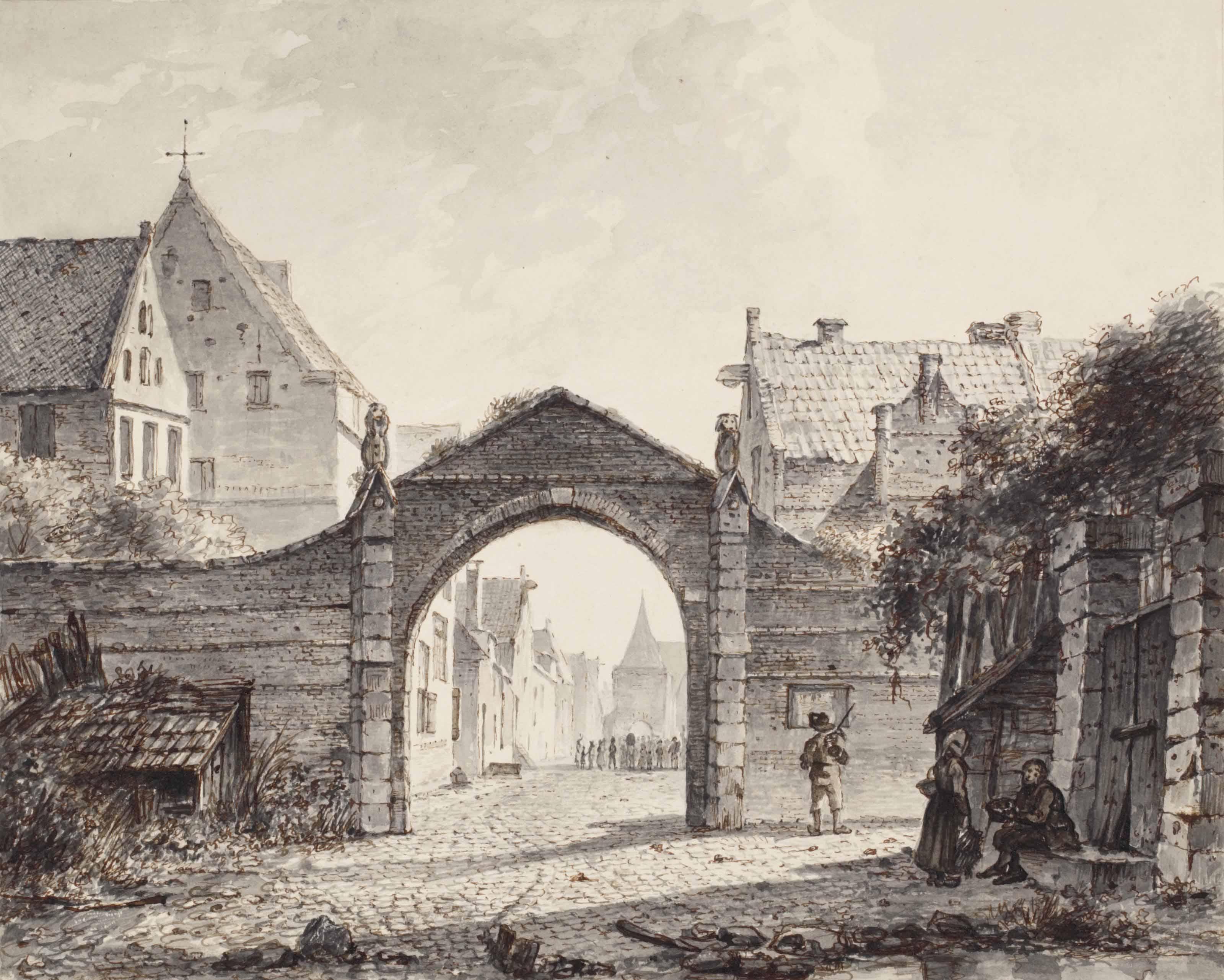 Elias Pieter Van Bommel - A gateway with a view of a town beyond