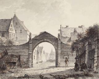 Elias Pieter Van Bommel - A gateway with a view of a town beyond