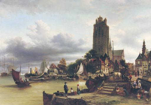 Elias Pieter Van Bommel - A view of Dordrecht harbour with the Grote Kerk in the background