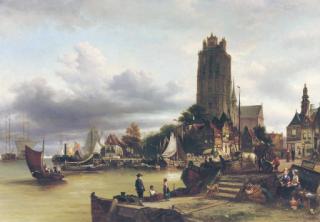 Elias Pieter Van Bommel - A view of Dordrecht harbour with the Grote Kerk in the background