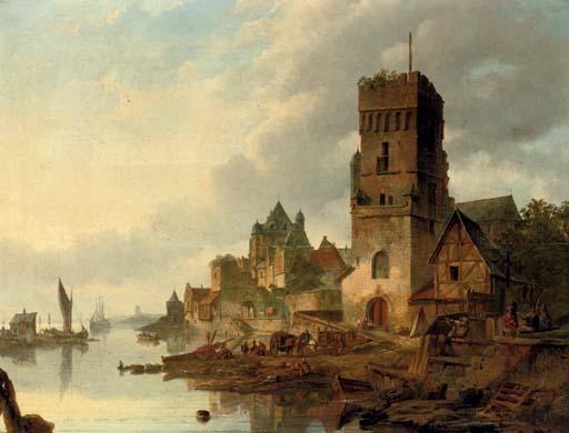 Elias Pieter van Bommel - Activities on a quay in a riverside town