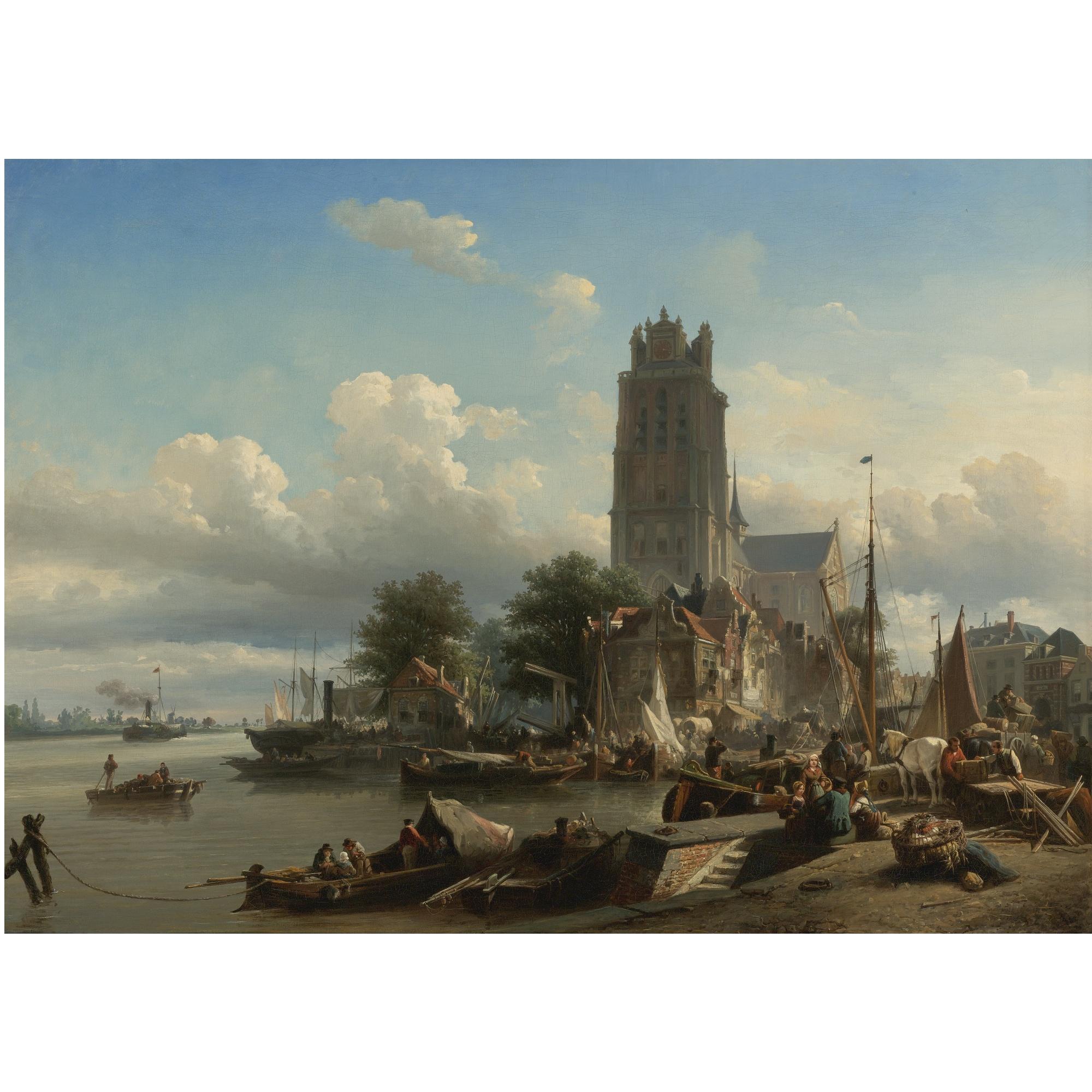 Elias Pieter Van Bommel - Dutch a Busy Harbour With Merchants Unloading Their Goods